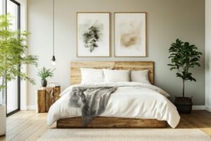 Home A serene modern bedroom featuring natural wood and green plants, illuminated by soft daylight.