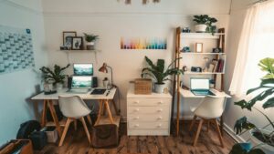 Home A well-organized home office featuring dual desks, laptops, indoor plants, and natural light.